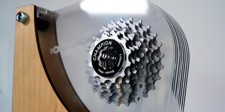 Acrylic trophy featuring bike gear, made with CO2 laser engraver