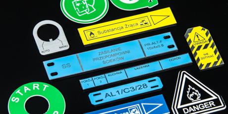 Colorful ID tags engraved for labeling, safety signage and equipment identification